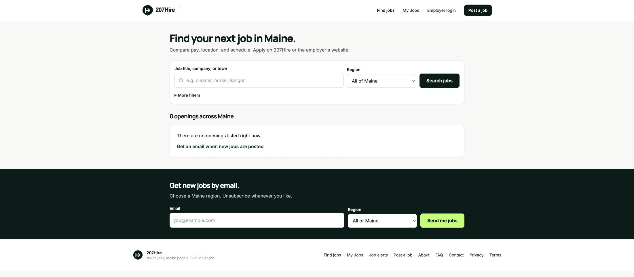 207Hire website with its centered job search and region filters