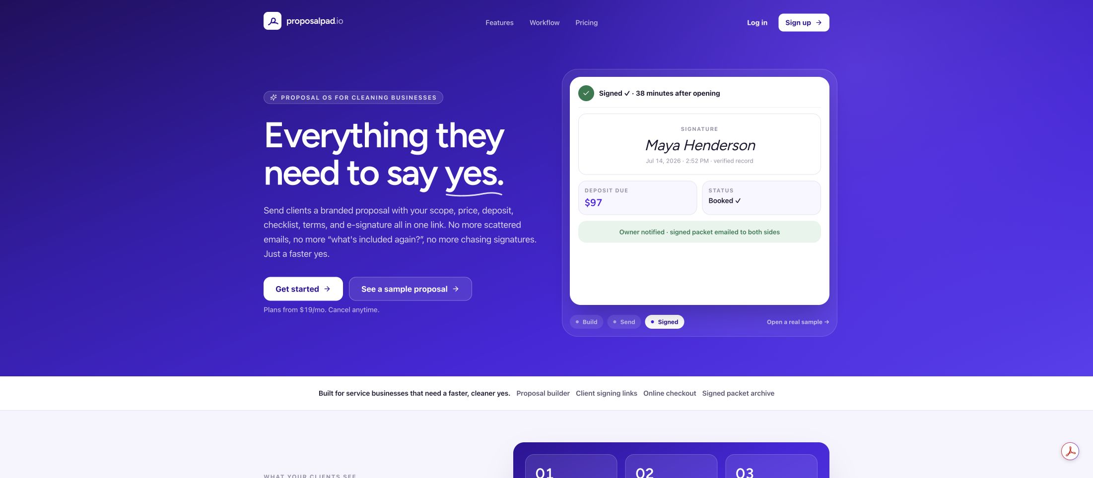 ProposalPad website showing the complete headline and proposal preview side by side