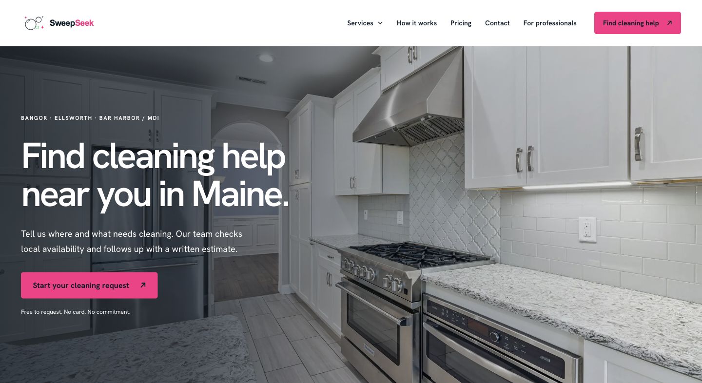 SweepSeek homepage with its cleaning request headline and kitchen photograph